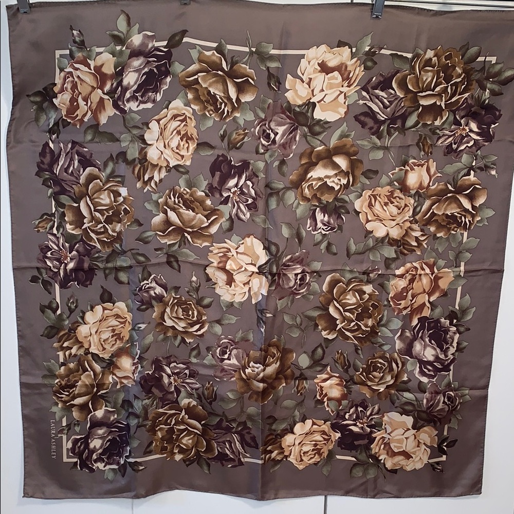 Laura Ashley Taupe Floral Rose Print Scarf with Cream and Brown Roses